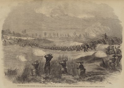 Un Grupo de Bersaglieri, apoyado por la 10ª Infantería, cruzando el Sesia en Vercelli de Frank Vizetelly
